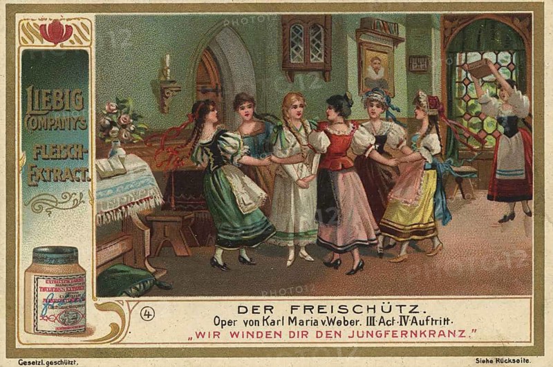 Picture series Der Freischütz, advertising card illustrating the 4th appearance of Act III, in which the song Wir winden dir den Jungfernkranz is sung, favorite picture, digitally restored reproduction of a collector's painting from around 1900, exact date unknown