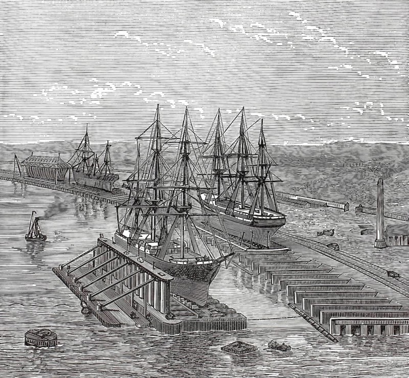 Nicolaieff floating depositing dock in 1876 in Russia. Floating dock developed by Clark & Standfield for Tsar Nicholas II, illustration, reproduction from a 19th century model. Authentic, file restored for optimal use, exact date of submission unknown, historical