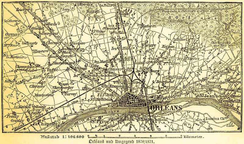 Plan of the city and surrounding area of Orleans on the Loire in 1870-71, France, roads, villages, railroad, forest, scale in kilometers, map with lettering, title, topography, geography, historical illustration 1885