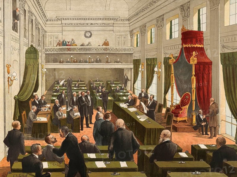 Session of the Second Chamber of States General, Dutch Parliament, in the historic old plenary hall at the Binnenhof in The Hague around 1900, Holland, school picture, illustration, reproduction of a model from the 19th century. School picture, mural, authentic, file restored for optimal use, exact date of original unknown, historical