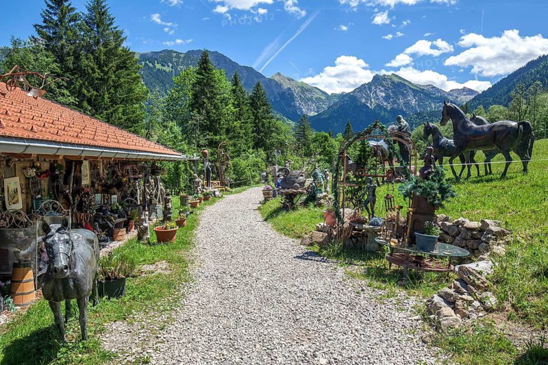 Hiking trail near Hinterstein, left carriage museum, Bad Hindelang, Oberallgäu, Allgäu, Bavaria, Germany