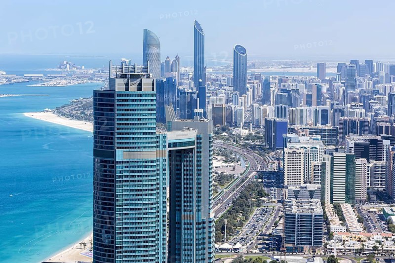 Abu Dhabi skyline from above with skyscrapers in Abu Dhabi, United Arab Emirates