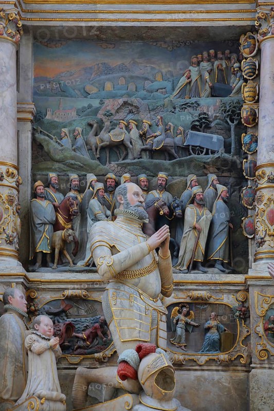 Epitaph built in 1598 with Duke John Frederick II the Middle by sculptor Nikolaus Bergner, sculptures, detail, crafts, Renaissance, interior view, Morizkirche, Coburg, Upper Franconia, Bavaria, Germany