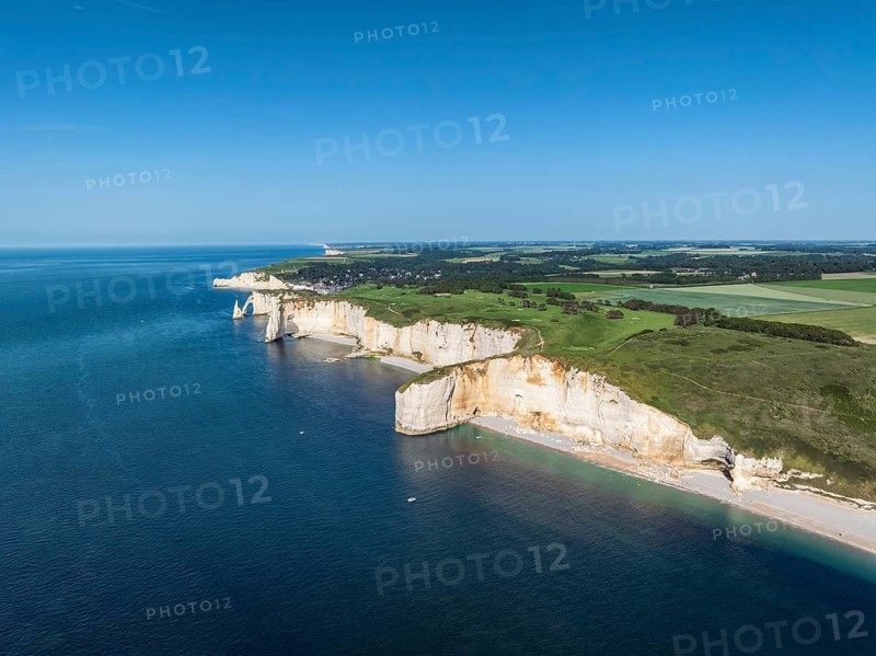 Aerial view of the spectacular chalk coast near Étretat with the distinctive rock formations of La Manneporte, Porte d'Aval and Falaise d'Amont, Alabaster Coast, La Côte d'Albâtre, Chalk Cliffs, English Channel, Seine-Maritime, Normandy, France