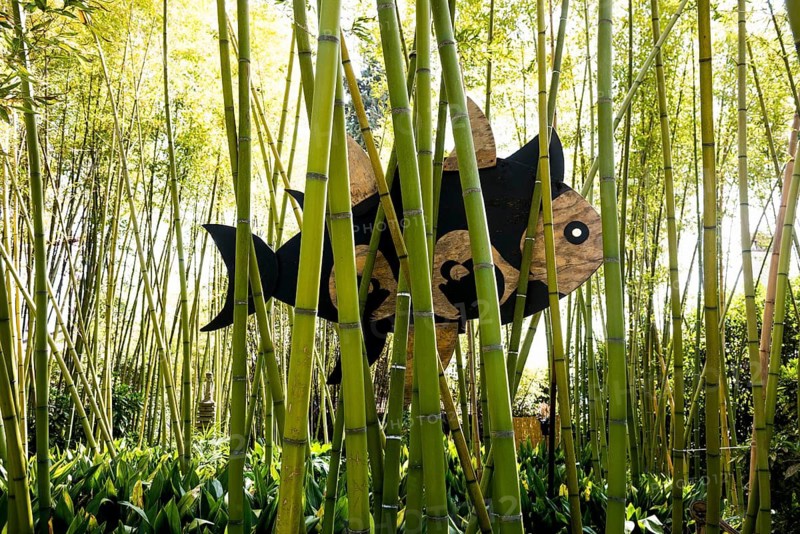 Botanical garden with sculptures in spring, bamboo forest, artist Francesco Levi, Light Garden, Andre Heller, Gardone Riviera, Lake Garda, Lake Garda, Province of Brescia, Lombardy Region, Italy