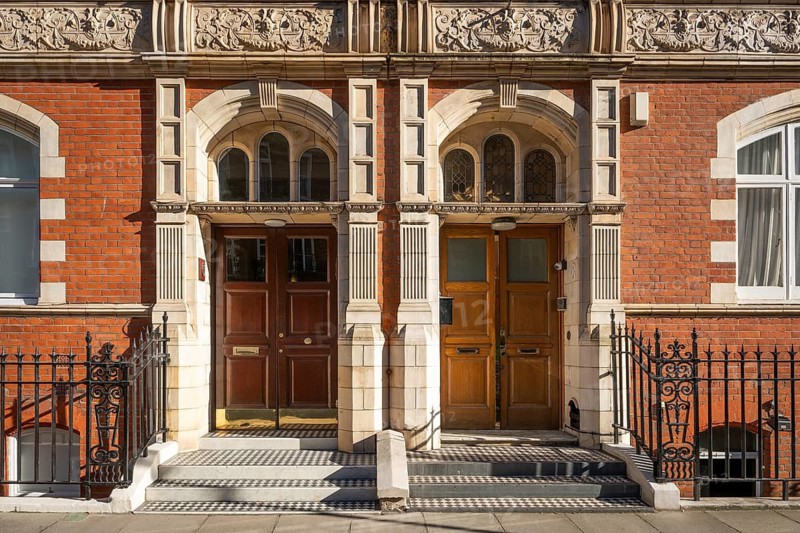 Elaborately designed house entrance, Victorian brick town house, Cadogan Gardens, Borough of Chelsea and Kensington, London, England, Great Britain