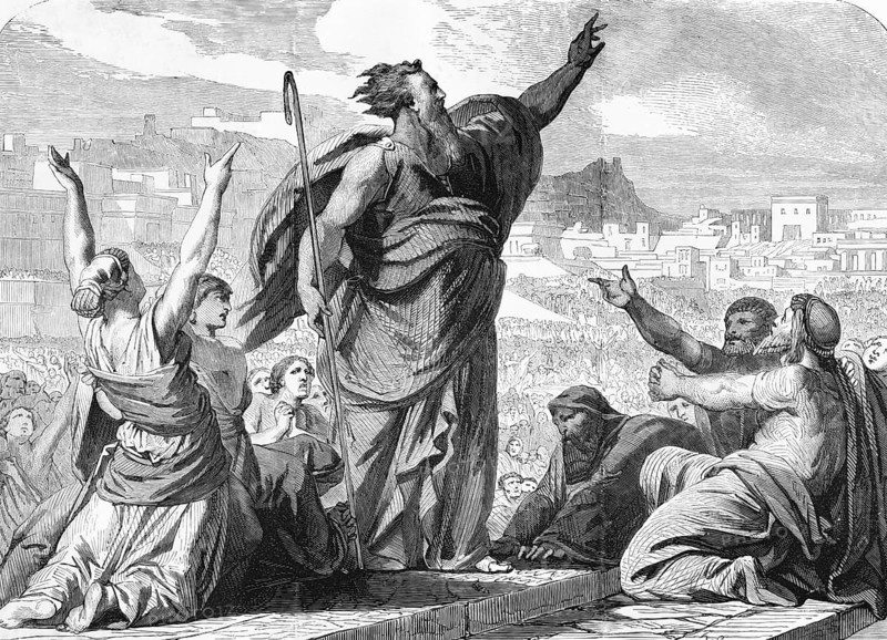 Prophet Jonah preaches in the city of Nineveh, Bible, Old Testament, repentance, repentance, God's message, divine warning, proclamation, speech, faith, obedience, mercy of God, forgiveness, salvation, sin, repentance, fasting, prayer, judgment of God, grace, mercy, hope, Christian faith, ancient city, God's call to conversion, cityscape, crowd, Worship, listen, cheer, encouragement, speaker, historical illustration around 1850