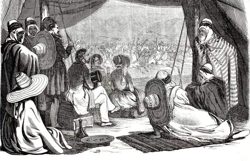 19th century illustration depicts the Moroccan Fantasia tradition known as Tbourida. Scene depicts stylized cavalry attacks that serve as a celebration of regional history, here visitors in a tent, Morocco, illustration, reproduction of a model from the 19th century. Authentic, file restored for optimal use, exact date of submission unknown, historical