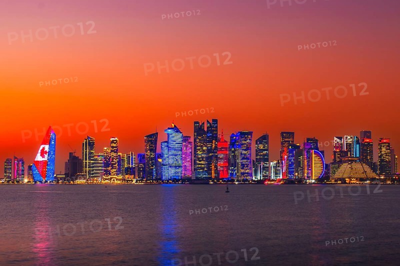Doha, Qatar - january 8th, 2026: Doha skyline at night from the Corniche. Iconic illuminated skyscrapers business district luxury middle east gulf colorful night architecture