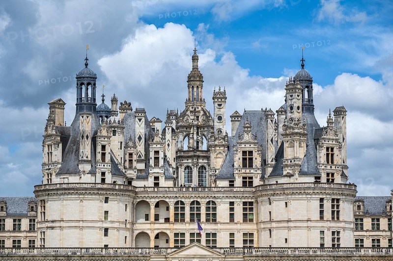 Southeast view, detailed view of the monumental Renaissance Château de Chambord castle with its distinctive, richly decorated roof silhouette of numerous towers, chimneys and dormers, Chambord Castle, Blois arrondissement, Loir-et-Cher department, Centre-Val de Loire region, France