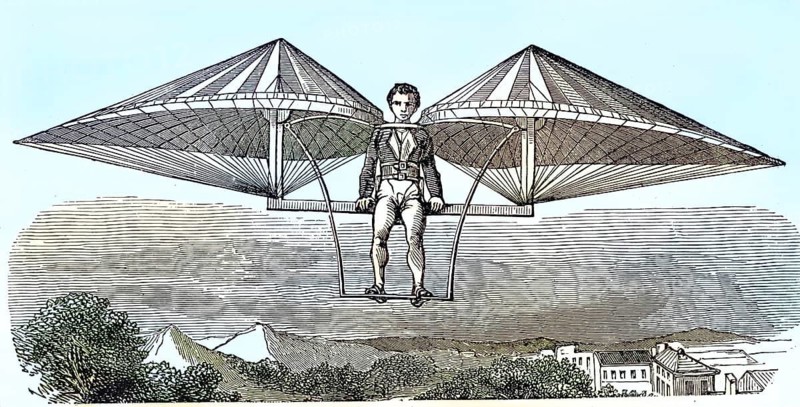 Jacob Degen with the ornithopter invented in 1807. The construction used human-operated wingbeats with levers and foot pedals, aviation history, reproduction of a model from the 19th century. Authentic, file restored for optimal use, exact date of original unknown, nostalgically colored