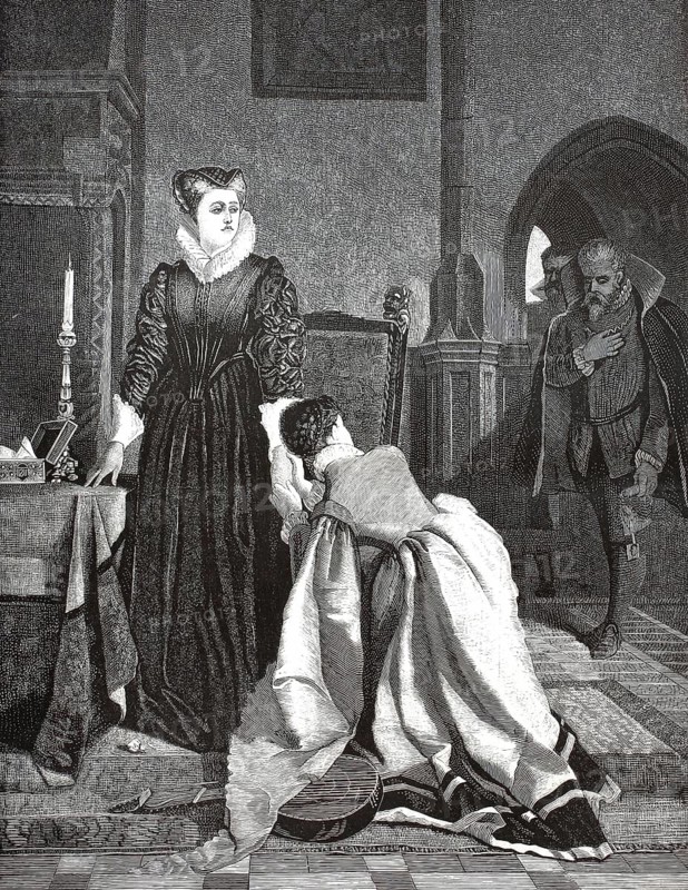 Execution order. Illustration of Queen Mary Stuart accepting her death sentence. The Scottish queen stands upright and clasped in a ceremonial dress with a ruff typical of the time at a table with a burning candle standing on it. One of her loyal maids has dropped to her knees in despair and buries her face crying in her arms in Mary's chair, illustration, reproduction from a 19th-century model. Authentic, file restored for optimal use, exact date of submission unknown, historical
