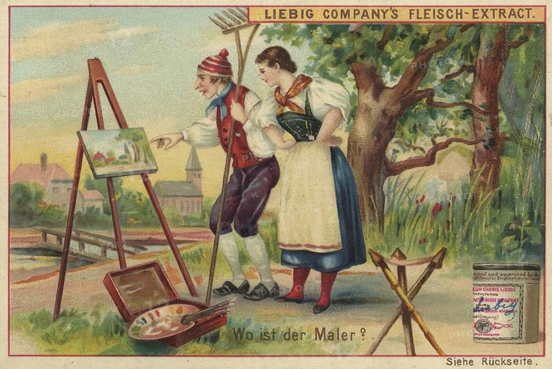 Picture series Search game puzzles, Where is the painter?, Liebigbild, digitally restored reproduction of a collector's painting from around 1900, exact date unknown