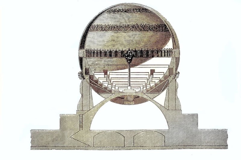 Outline of the utopian design for a cemetery building, Cimetière de la Ville de Chaux, designed by the famous French visionary and architect Claude-Nicolas Ledoux, revolutionary architecture of the late 18th century, illustration, reproduction from a model from the 19th century. Authentic, file restored for optimal use, exact date of original unknown, historical, colored