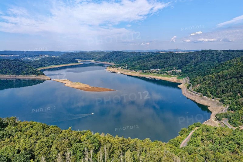 The Edersee, Eder Reservoir, at the Kellerwald-Edersee National Park in northern Hesse. aerial view. Waldeck, Hesse, Germany