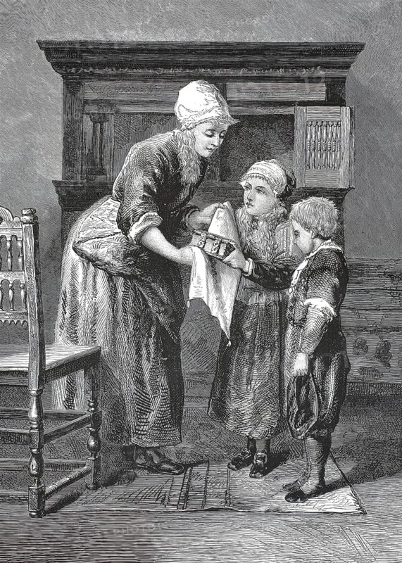 The family treasure chest, safe, woman shows the object to her children, illustration, reproduction from a model from the 19th century. Authentic, file restored for optimal use, exact date of submission unknown, historical