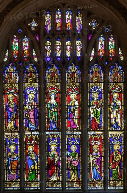 Stained glass east window Apostles Window, Dorest Aisle, Church of Saint Mary, Ottery St Mary, Devon, England, UK