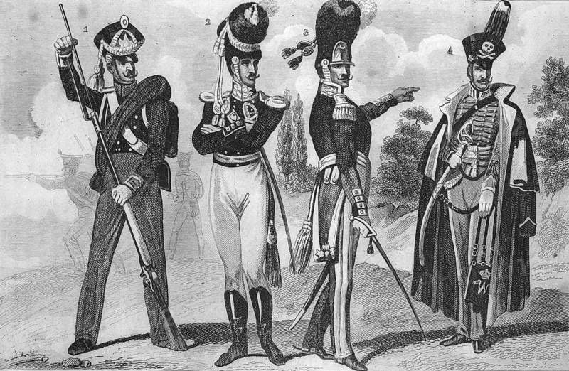 Traditional clothing styles and culture from the 19th century. Military uniforms from Germany. Figure 1 (far left) : A line infantryman in typical field or marching kit from Hamburg, with his rifle slung over his shoulder, bayonet fixed and his overcoat rolled up. Figure 2 (centre left) : An officer in a parade uniform with richly decorated epaulettes and a distinctive field cap with a brim from Mecklenburg. Figure 3 (centre right) : A cavalry or guard officer in a ceremonial uniform from Hanover. Figure 4 (far right) : A member of the famous Black Hussars, the Prussian Skull Hussars from Braunschweig, illustration, reproduction of a 19th-century original. Authentic, file restored for optimal use, exact date of the original unknown, historical