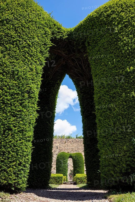 Distinctive, massive arches of artfully trimmed yew hedges in the castle garden of the Château d'Angers fortifications, Angers, Maine-et-Loire, Pays de la Loire, France