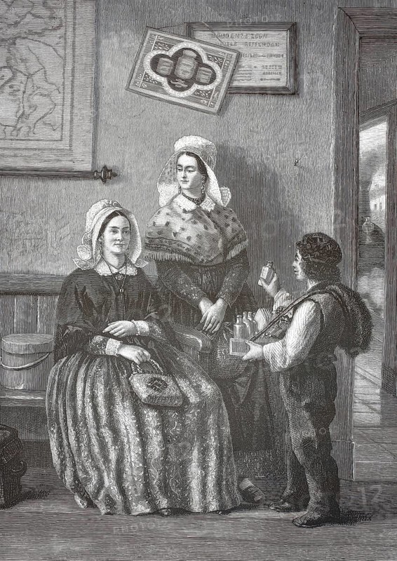 Women in traditional Victorian or regional dress of the 19th century, looking attentively at a young merchant, she samples the little boy on the right, who offers portable goods, presumably small bottles, perfumes or elixirs, for sale in a belly shop, illustration, reproduction of a model from the 19th century. Authentic, file restored for optimal use, exact date of submission unknown, historical