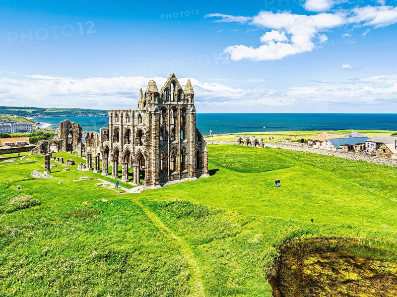 Whitby Abbey over River Esk from a drone, North Yorkshire, England, United Kingdom