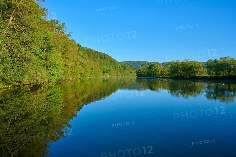 Landscape with reflection river and lush green shore, Boxtal, Main-Boxtal, Tauber district, Baden-Württemberg, and Stadtprozelten, Dorfprozelten, Main, Spessart, Bavaria, Germany