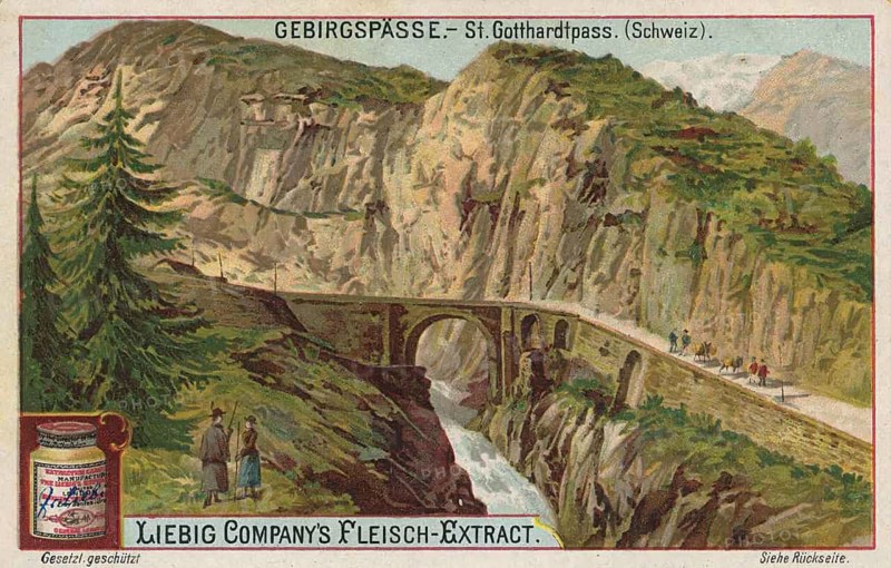 Picture series Mountain Passes, St. Gotthard Pass in Switzerland, Liebigbild, digitally restored reproduction of a collector's painting from around 1900, exact date unknown