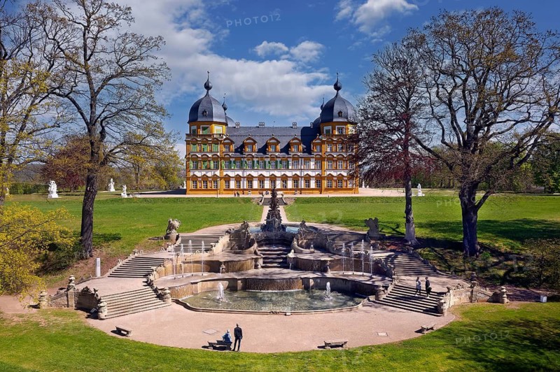 Aerial view, cascade and Seehof Castle, former summer residence of Bamberg prince-bishops, built 1687-1696, architect Antonio Petrini, Baroque, now Bavarian State Office for the Preservation of Monuments, the municipality of Memmelsdorf, Bamberg district, Upper Franconia, Bavaria, Germany