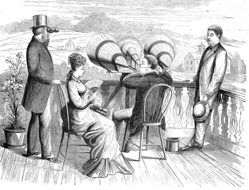 Illustration from 1878 shows Thomas Edison's megaphone, an early acoustic device for amplifying sound. The device consists of two large funnels for listening and a central funnel for speaking, which should significantly increase the range of the voice, illustration, reproduction from a 19th-century original. Authentic, file restored for optimal use, exact date of submission unknown, historical