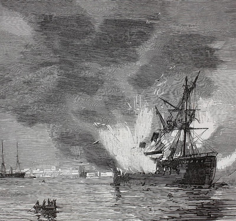 Burning Egyptian warship, Battle of Navarino, October 20, 1827. During this battle, an Ottoman-Egyptian fleet was destroyed, setting fire to or exploding several large Egyptian ships, Egypt, illustration, reproduction from a 19th-century model. Authentic, file restored for optimal use, exact date of submission unknown, historical