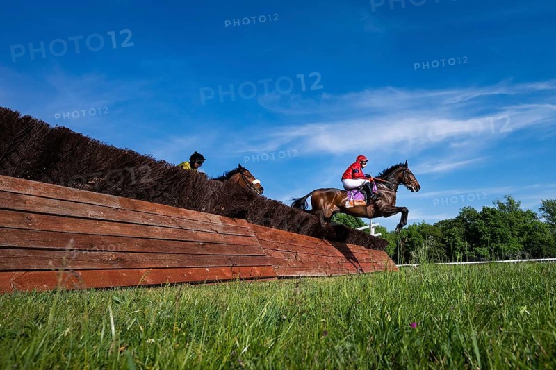 WROCLAW, POLAND - MAY 10, 2026: Horse race track WTWK Partynice. International steeplechase for horses 5 years old and older. Horse and jockey in red outfit jumping over a wooden hedge on the racecourse, dynamic steeplechase scene