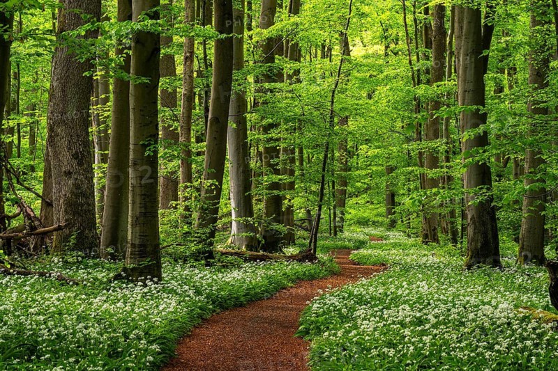 A forest path, carpeted in reddish-brown leaves, winds its way between European beech trees (Fagus sylvatica) through a picturesque primeval forest with lush green foliage, lined with white-flowering wild garlic (Allium ursinum), bathed in atmospheric spring light, Hainich National Park, Thuringia, Germany