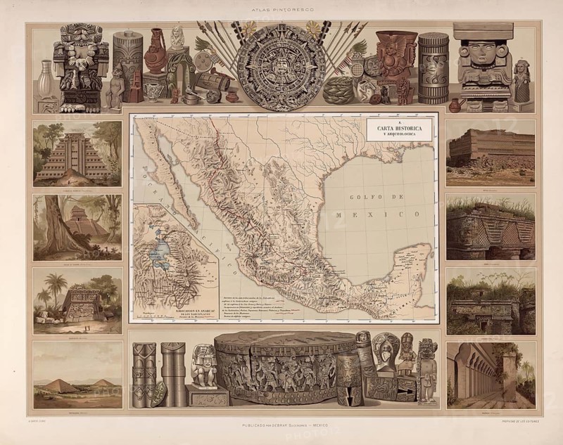 Archaeological sites, historic sites in Mexico, around 1900, illustration, reproduction from a 19th century model. School picture, mural, authentic, file restored for optimal use, exact date of original unknown, historical