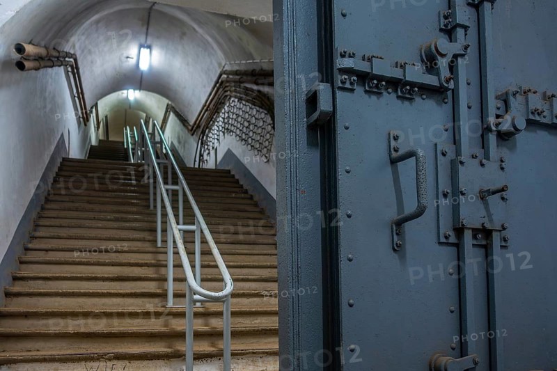 Heavy reinforced steel door inside Fort Eben-Emael, Belgian WW2 fortress neutralized by German paratroopers during the Second World War Two in Belgium