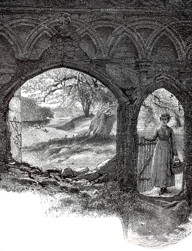 Bolton Abbey doorway, ruin of a medieval priory near the village of Bolton Abbey in the northern English administrative unit East Riding of Yorkshire, England, illustration, reproduction from a 19th century model. Authentic, file restored for optimal use, exact date of submission unknown, historical