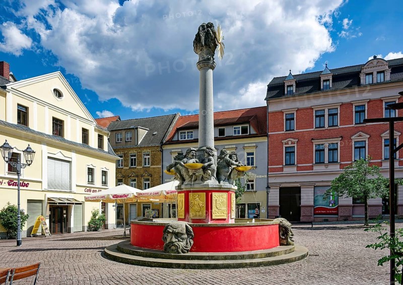Altmarktbrunnen, Brunnen auf dem Altmarkt by artist Joachim Zehme, Oschatz, Saxony, Germany