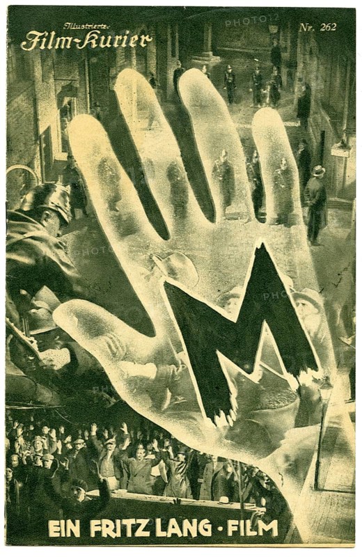Fritz Lang, M, A City Seeks a Murderer, Film, Child Murderer, Peter Lorre, black and white film booklet for Fritz Lang's work M, gives a dark, exciting atmosphere, Film-Kurier, No. 262, cover, 1931