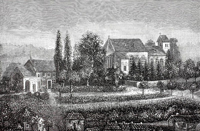 Church in Marpingen in Saarland, world-famous for its historic Marian apparitions in the Härtelwald, and the surrounding townscape, 1876, Germany, illustration, reproduction from a model from the 19th century. Authentic, file restored for optimal use, exact date of submission unknown, historical