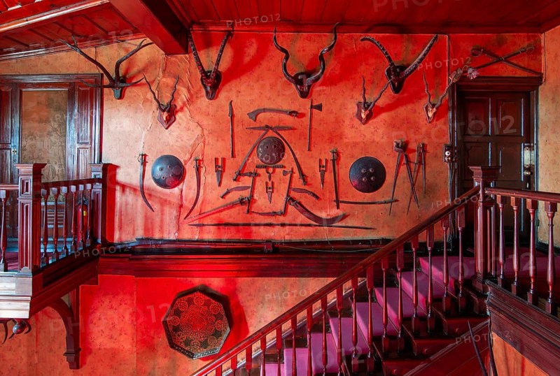 Staircase and wall with weapons and hunting trophies, Chapslee Hotel, former summer residence of Raja of Kapurthal, Elysium Hill, Lakkar Bazar, Shimla, Himachal Pradesh, North India, India
