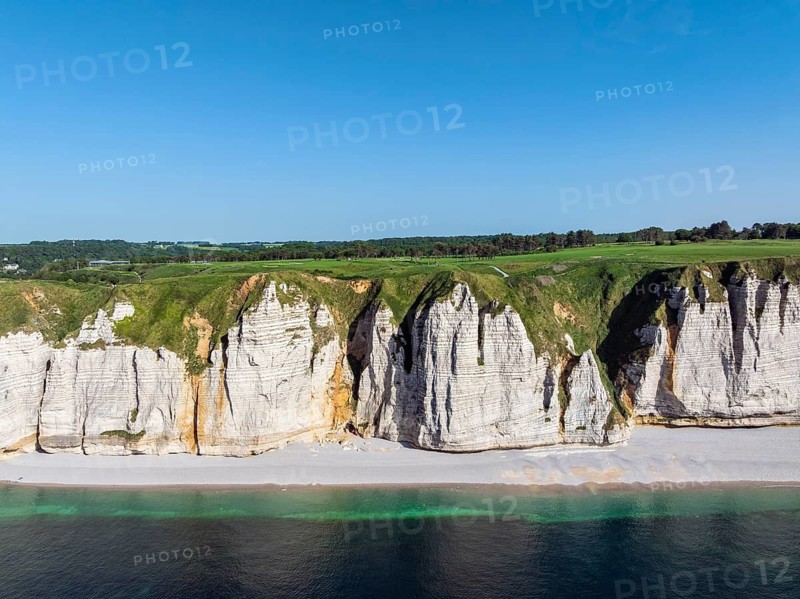 Aerial view of the chalk coast near Étretat, Alabaster Coast, La Côte d'Albâtre, chalk cliffs, English Channel, Seine-Maritime, Normandy, France
