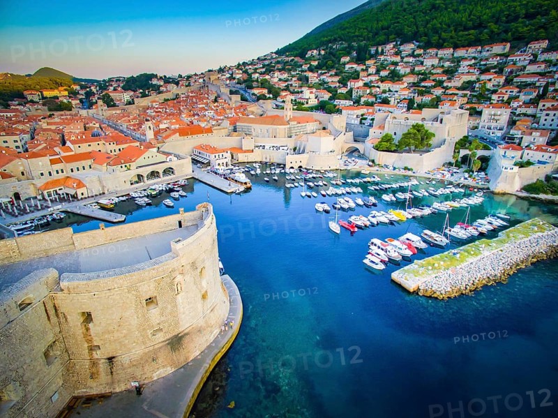 Dramatic aerial view down to historical Dubrovnik city. Croatia