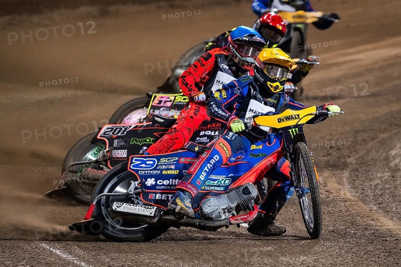 WROCLAW, POLAND - JUNE 20, 2026: DEWALT FIM Speedway GP of Poland. Speedway riders competing on dirt track. Heat 1. Andzejs Lebedevs (Y) Jan Kvech (B) Michael Jepsen Jensen (R)