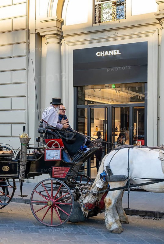 Horse-drawn carriage with two horses stands in front of the entrance to Chanel on Piazza della Repubblica, Florence, Italy