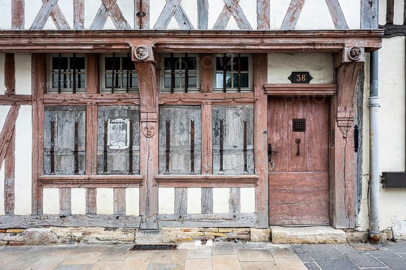 Detailed view of an old half-timbered building in the old town of Troyes, Aube department, Grand Est region, France