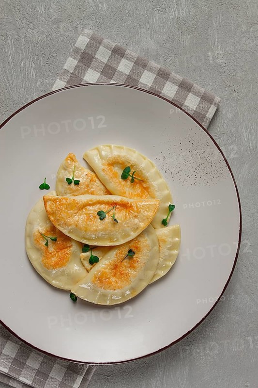 Pierogi, a traditional dish of Polish cuisine, dumplings, top view, close-up, no people