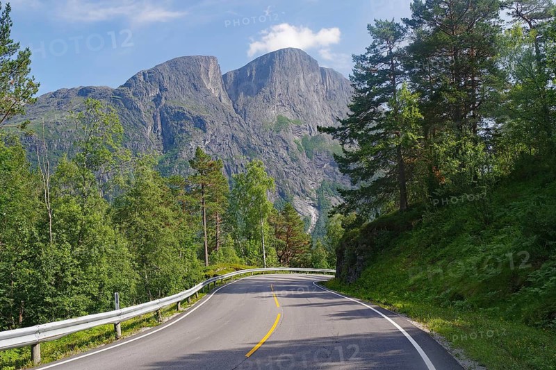 A winding road leads through thick forests with large mountains in the background, Eikesdalen. Aursjövegen, More og Romsdal, Norway