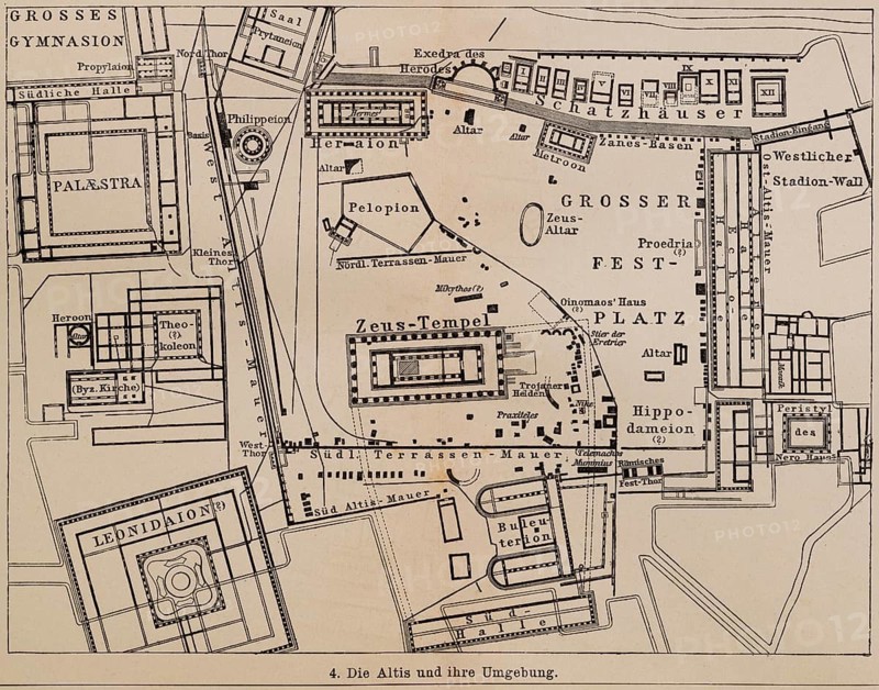 Excavations of Olympia, Elis, venue of the ancient Olympic Games. UNESCO World Heritage Site, Floor Plan of Altis and Surrounding Area, Grand Fairground, Altar, Zeus Altar, Pelopion, Palace, Palaestra, Nike of Palonios Statue Hermes of Praxiteles, Peloponnese Peninsula, Greece, Sanctuary of Zeus, Archeology, Historical Illustration 1885