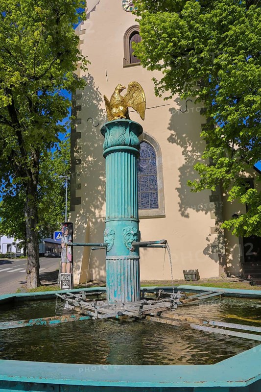 Fountain in front of the Protestant town church, green fountain with golden bird, detail, bird sculpture, Rosenfeld, Zollernalb district, Baden-Württemberg, Germany