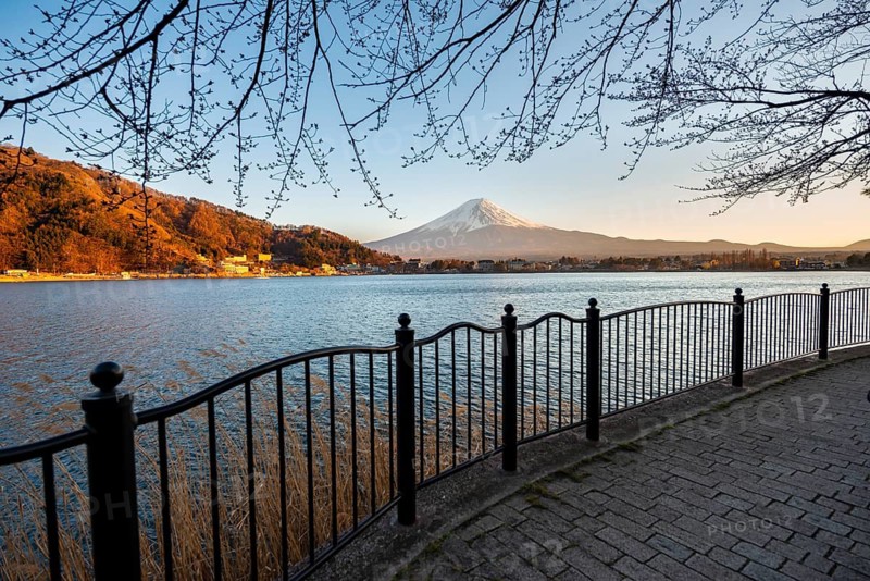 Kawaguchi Lake waterfront, view of Mount Fuji volcano at sunset, Yamanashi Prefecture, Japan