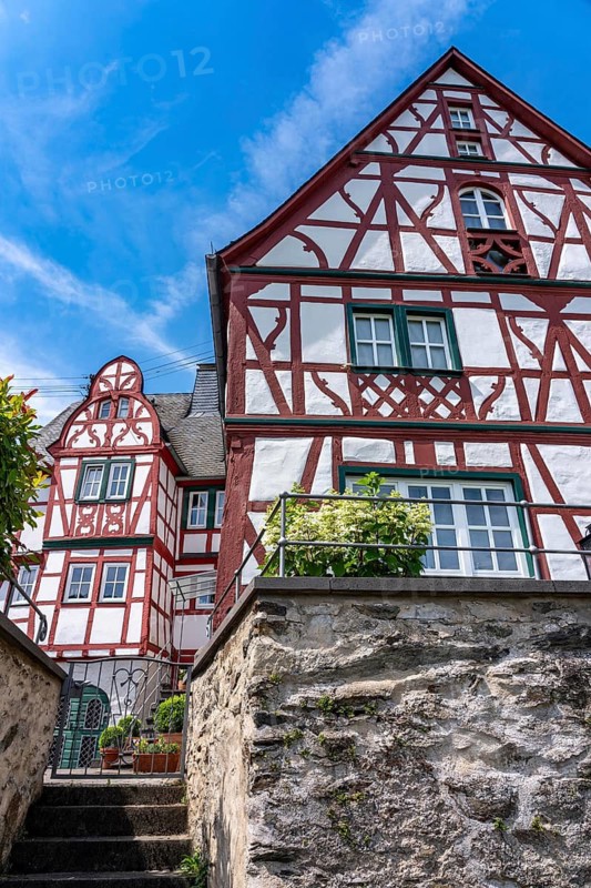 The Rhine near Spay, historic half-timbered houses right on the river, Rhineland-Palatinate, Germany